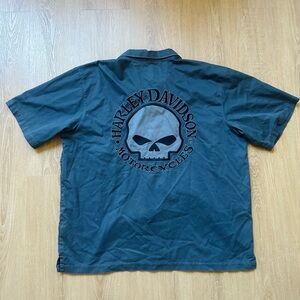 Harley Davidson Shirt Men XL Black Skull Logo Big Print Button Up Biker Core